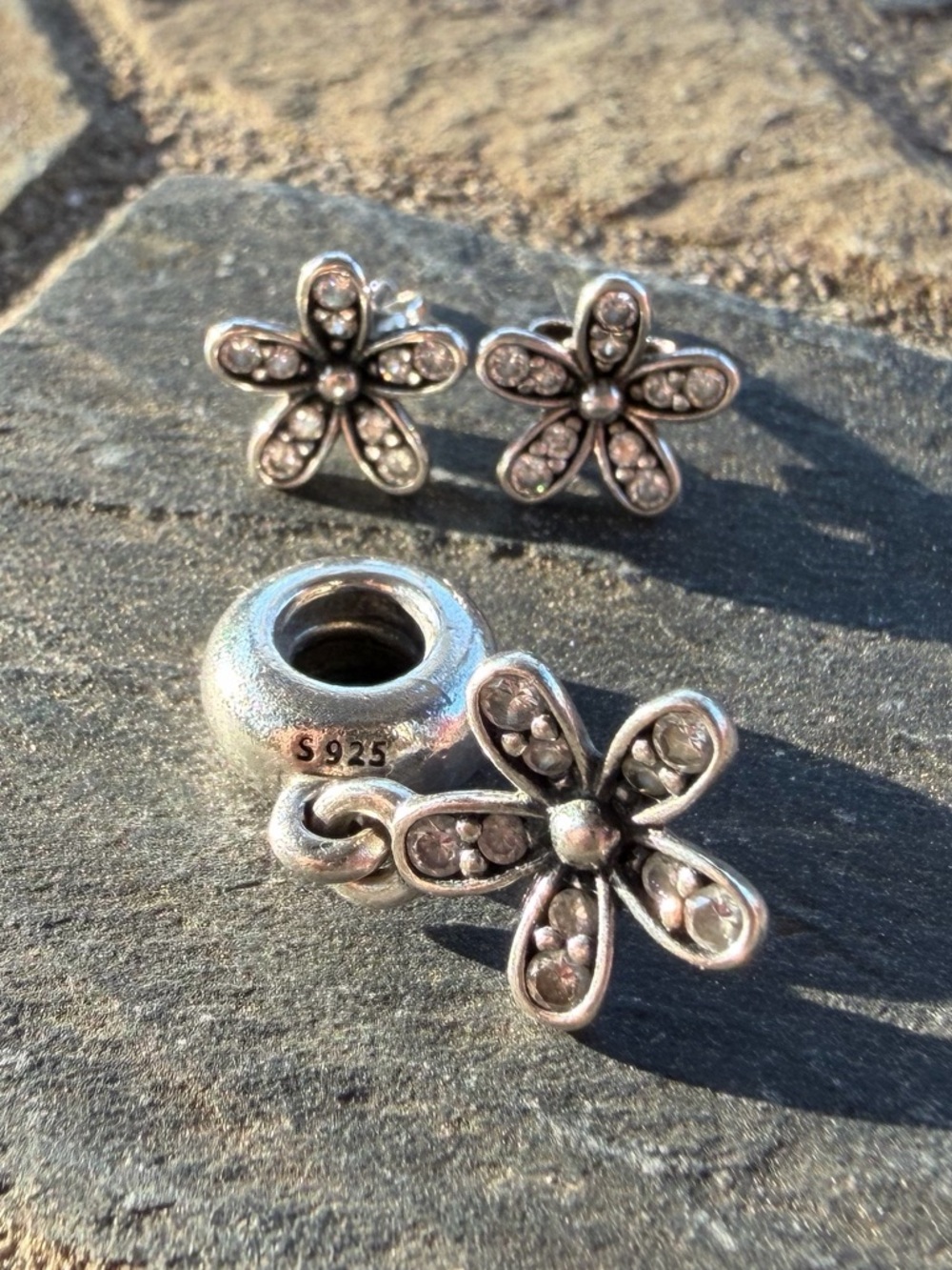 Pandora Sterling Silver Flower Earrings and Charm Set - Silver
